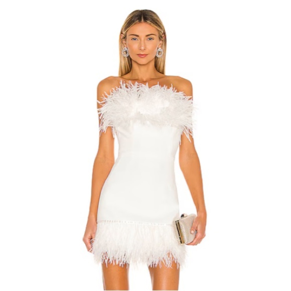 Bronx and Banco Lola Blanc Mini Ostrich Feather Strapless Dress White Bridal